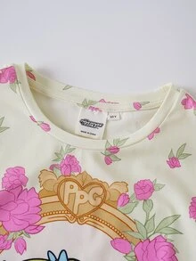 THE POWERPUFF GIRLS X SHEIN Bộ 2 món đồ mặc nhà phong cách casual vui nhộn cho bé gái tween, họa tiết hoạt hình hoa, thoải mái, cổ tròn, áo tay ngắn và quần short - Nhiều màu - Xem 4