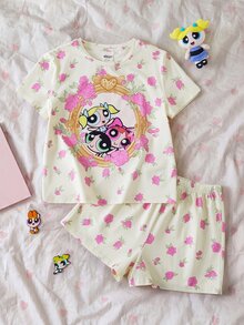 THE POWERPUFF GIRLS X SHEIN Bộ 2 món đồ mặc nhà phong cách casual vui nhộn cho bé gái tween, họa tiết hoạt hình hoa, thoải mái, cổ tròn, áo tay ngắn và quần short - Nhiều màu - Xem 8