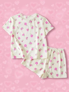 THE POWERPUFF GIRLS X SHEIN Bộ 2 món đồ mặc nhà phong cách casual vui nhộn cho bé gái tween, họa tiết hoạt hình hoa, thoải mái, cổ tròn, áo tay ngắn và quần short - Nhiều màu - Xem 2