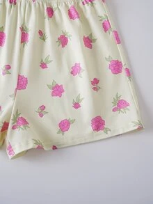 THE POWERPUFF GIRLS X SHEIN Bộ 2 món đồ mặc nhà phong cách casual vui nhộn cho bé gái tween, họa tiết hoạt hình hoa, thoải mái, cổ tròn, áo tay ngắn và quần short - Nhiều màu - Xem 6