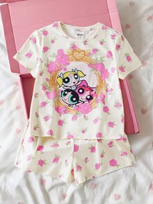 THE POWERPUFF GIRLS X SHEIN Bộ 2 món đồ mặc nhà phong cách casual vui nhộn cho bé gái tween, họa tiết hoạt hình hoa, thoải mái, cổ tròn, áo tay ngắn và quần short - Nhiều màu - Xem 3