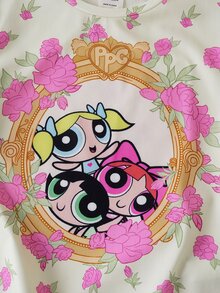 THE POWERPUFF GIRLS X SHEIN Bộ 2 món đồ mặc nhà phong cách casual vui nhộn cho bé gái tween, họa tiết hoạt hình hoa, thoải mái, cổ tròn, áo tay ngắn và quần short - Nhiều màu - Xem 5