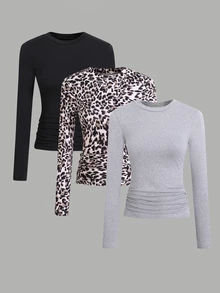 SHEIN Sparklyn Tween Girls 9-16Y 3-Pack Ruched Long Sleeve Tees, Leopard Print & Solid Slim Fit Soft Casual Tops For Daily School Wear - Multicolor - View 1