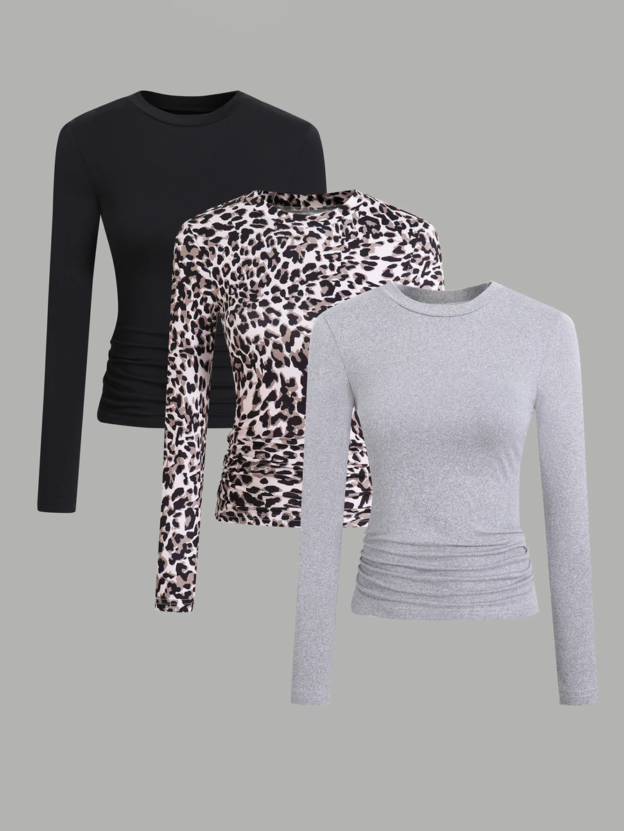 SHEIN Sparklyn Tween Girls 9-16Y 3-Pack Ruched Long Sleeve Tees, Leopard Print & Solid Slim Fit Soft Casual Tops For Daily School Wear - Multicolor - View 1