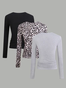 SHEIN Sparklyn Tween Girls 9-16Y 3-Pack Ruched Long Sleeve Tees, Leopard Print & Solid Slim Fit Soft Casual Tops For Daily School Wear - Multicolor - View 2