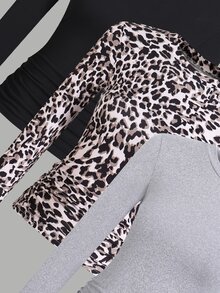SHEIN Sparklyn Tween Girls 9-16Y 3-Pack Ruched Long Sleeve Tees, Leopard Print & Solid Slim Fit Soft Casual Tops For Daily School Wear - Multicolor - View 6