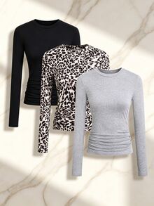 SHEIN Sparklyn Tween Girls 9-16Y 3-Pack Ruched Long Sleeve Tees, Leopard Print & Solid Slim Fit Soft Casual Tops For Daily School Wear - Multicolor - View 3