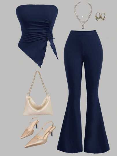 SHEIN Girlism Set de 2 piezas formado por top bandeau fruncido y pantalones acampanados para chicas adolescentes