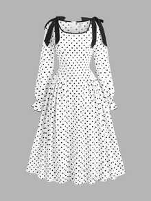 SHEIN Vestido Longo para Meninas Pré-Adolescentes, Outono/Inverno, Casual Elegante, Moda Versátil, Novo, Estampa de Bolinhas Brancas com Contraste de Cor, Cintura Marcada, Manga Longa, Adequado para Uso Diário, Cerimônias, Festas e Todas as Ocasiões, Novo Vestido para Meninas - Preto e Branco - Visão 2