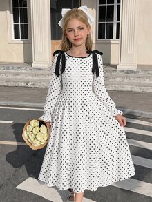 SHEIN Vestido Longo para Meninas Pré-Adolescentes, Outono/Inverno, Casual Elegante, Moda Versátil, Novo, Estampa de Bolinhas Brancas com Contraste de Cor, Cintura Marcada, Manga Longa, Adequado para Uso Diário, Cerimônias, Festas e Todas as Ocasiões, Novo Vestido para Meninas - Preto e Branco - Visão 4