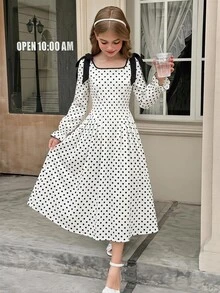 SHEIN Vestido Longo para Meninas Pré-Adolescentes, Outono/Inverno, Casual Elegante, Moda Versátil, Novo, Estampa de Bolinhas Brancas com Contraste de Cor, Cintura Marcada, Manga Longa, Adequado para Uso Diário, Cerimônias, Festas e Todas as Ocasiões, Novo Vestido para Meninas - Preto e Branco - Visão 5
