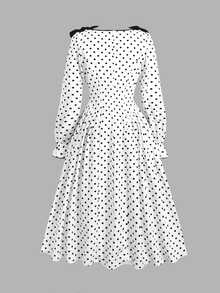SHEIN Vestido Longo para Meninas Pré-Adolescentes, Outono/Inverno, Casual Elegante, Moda Versátil, Novo, Estampa de Bolinhas Brancas com Contraste de Cor, Cintura Marcada, Manga Longa, Adequado para Uso Diário, Cerimônias, Festas e Todas as Ocasiões, Novo Vestido para Meninas - Preto e Branco - Visão 7