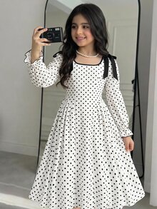 SHEIN Vestido Longo para Meninas Pré-Adolescentes, Outono/Inverno, Casual Elegante, Moda Versátil, Novo, Estampa de Bolinhas Brancas com Contraste de Cor, Cintura Marcada, Manga Longa, Adequado para Uso Diário, Cerimônias, Festas e Todas as Ocasiões, Novo Vestido para Meninas - Preto e Branco - Visão 6
