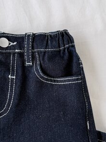 SHEIN 兒童小男孩新款休閒基礎深藍色寬鬆牛仔寬腿牛仔褲，秋冬款，適合返校季、新年、萬聖節 - 深色水洗藍 - 查看 7