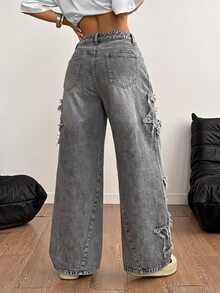 Coolane 女款秋季舒適校園街頭風 Y2K Grunge 休閒時尚灰色大廓形寬鬆棉質丹寧牛仔褲，附星星貼布繡與破洞細節 - 淺色水洗藍 - 查看 6