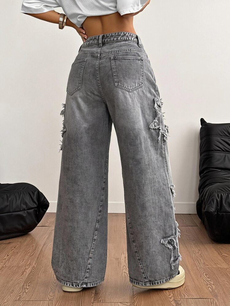 Coolane Women's Fall Comfortable School Streetwear Y2k Grunge Casual Chic Grey Oversized Baggy Cotton Denim With Star Applique Patches Distressed Detail Jeans - Light Wash - View 6