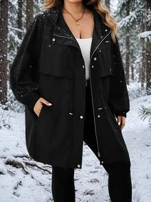 SHEIN CURVE+ Plus Size Women's Solid Color Zip-Up Hooded Casual Jacket With Pockets Fall, Winter 2026 22W - Black - View 3