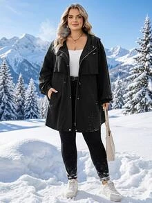 SHEIN CURVE+ Plus Size Women's Solid Color Zip-Up Hooded Casual Jacket With Pockets Fall, Winter 2026 22W - Black - View 4