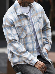 Manfinity Homme 男士舒適梭織格紋法蘭絨長袖襯衫，雙口袋單排扣，適合正式或休閒場合，休閒度假、晚餐聚會、簡約辦公、居家穿搭，適合自穿或送禮給朋友，熱銷舒適秋冬襯衫 - 彩色 - 查看 3