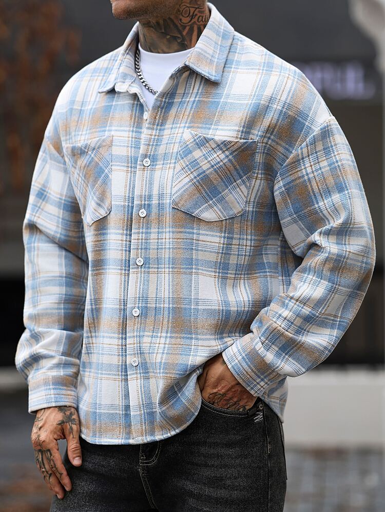 Manfinity CasualCool Men's Comfortable Woven Plaid Fabric Long Sleeve Flannel Shirt, Double Pockets Single-Breasted, Suitable For Formal Or Casual Occasions, Casual Vacation, Dinner Party, Simple Office, Versatile Home Wear, Perfect For Self-Wear Or Gifting To Friends, Hot-Selling Comfortable Autumn/Winter Shirt - Multicolor - View 4