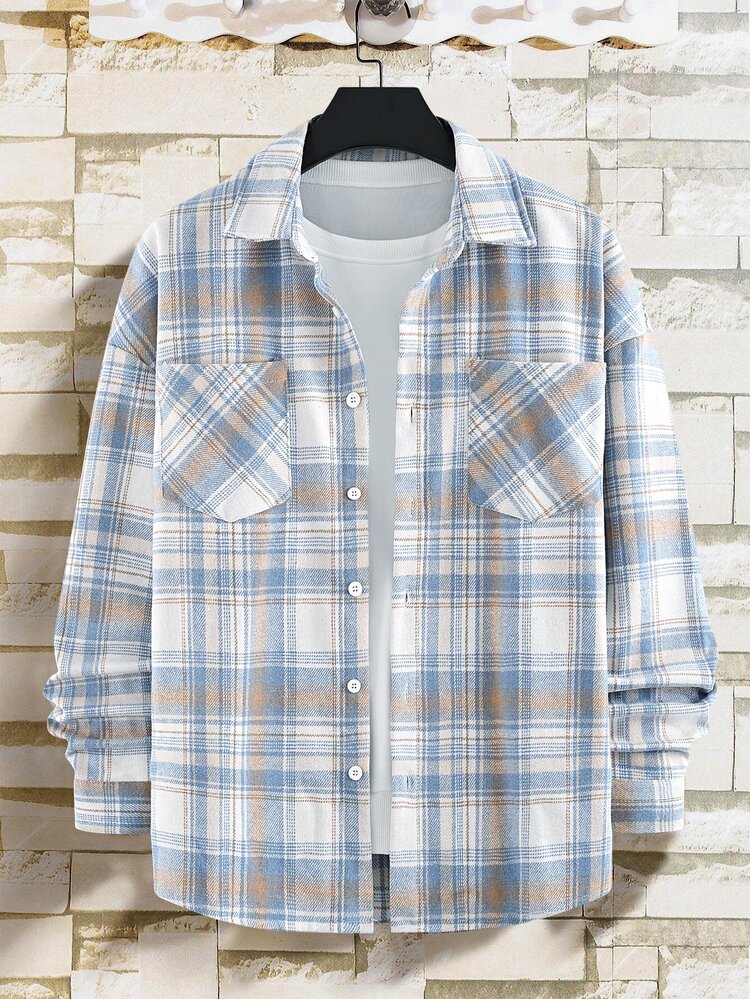 Manfinity CasualCool Men's Comfortable Woven Plaid Fabric Long Sleeve Flannel Shirt, Double Pockets Single-Breasted, Suitable For Formal Or Casual Occasions, Casual Vacation, Dinner Party, Simple Office, Versatile Home Wear, Perfect For Self-Wear Or Gifting To Friends, Hot-Selling Comfortable Autumn/Winter Shirt - Multicolor - View 8