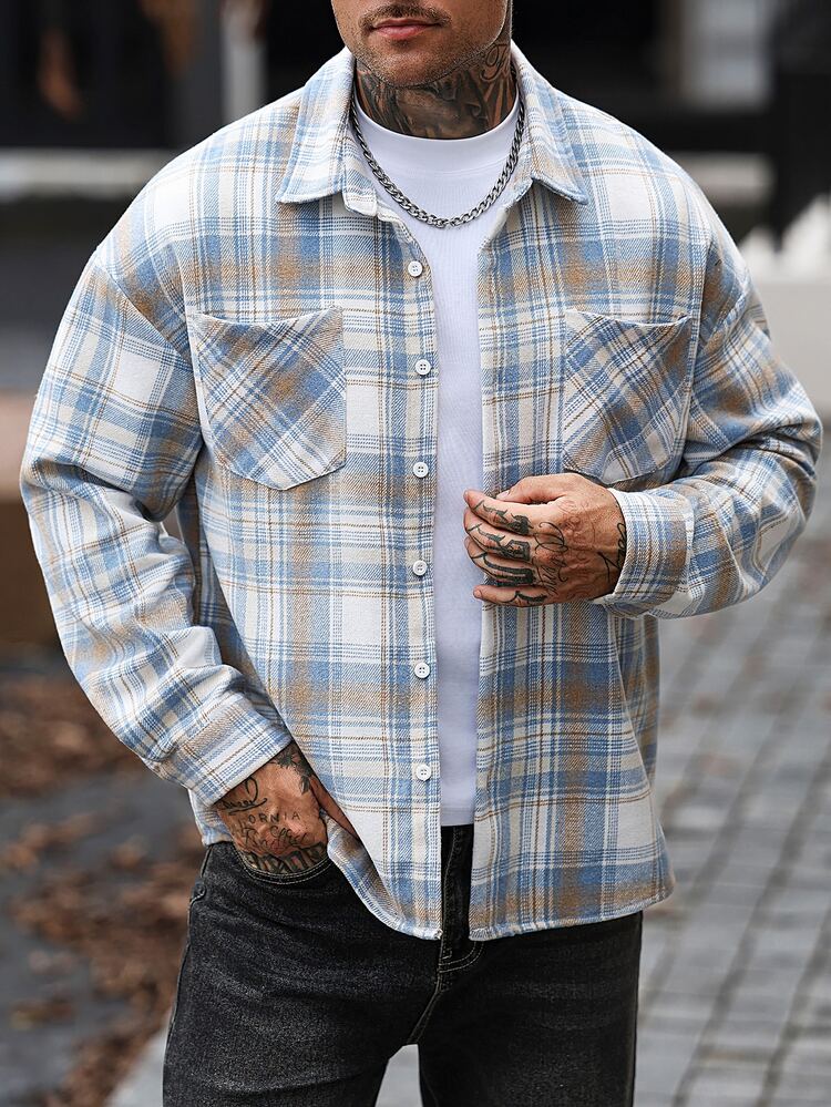 Manfinity CasualCool Men's Comfortable Woven Plaid Fabric Long Sleeve Flannel Shirt, Double Pockets Single-Breasted, Suitable For Formal Or Casual Occasions, Casual Vacation, Dinner Party, Simple Office, Versatile Home Wear, Perfect For Self-Wear Or Gifting To Friends, Hot-Selling Comfortable Autumn/Winter Shirt - Multicolor - View 5
