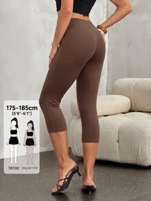 SHEIN Tall 女款修身極簡運動底層 7/8 長度瑜伽緊身褲 - 棕色 - 查看 2