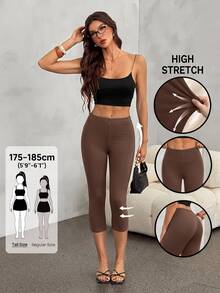 SHEIN Tall 女款修身極簡運動底層 7/8 長度瑜伽緊身褲 - 棕色 - 查看 4