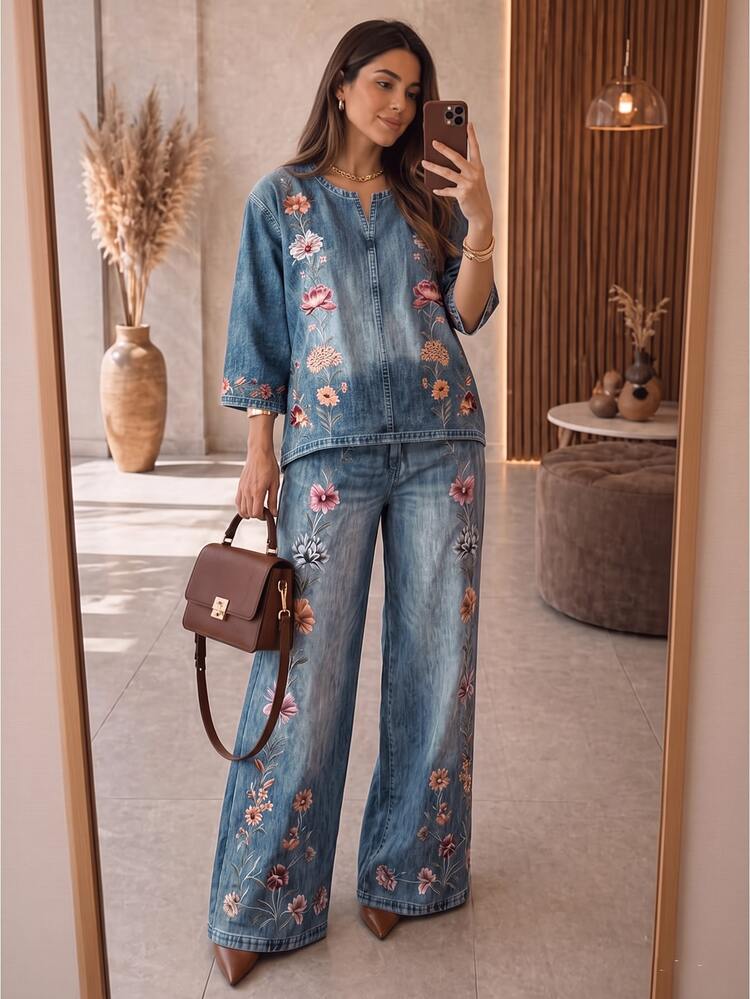 Breezaya 女款 2 件式基礎套裝，藍色機場穿搭，秋季服飾，度假穿著，海灘時尚，休閒套裝，外出服飾，海邊穿搭，假期套裝，印花襯衫與長褲 - 中等水洗藍 - 查看 3