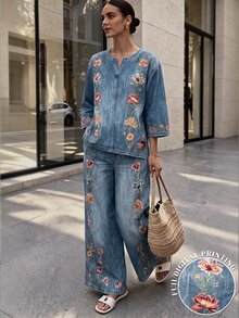Breezaya 女款 2 件式基礎套裝，藍色機場穿搭，秋季服飾，度假穿著，海灘時尚，休閒套裝，外出服飾，海邊穿搭，假期套裝，印花襯衫與長褲 - 中等水洗藍 - 查看 8
