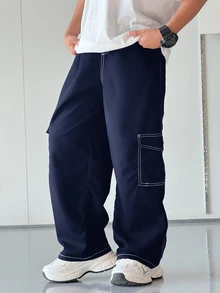 SHEIN Little Byeori 1件装青少年男童休闲运动学院风文艺复古直筒裤，带工作口袋和撞色线条装饰，适合返校、生日派对、晚宴、演出、婚礼、洗礼、开幕式、日常穿着，适合上学、度假、旅行、运动，适合春夏季节。 - 藏蓝色 - 查看 3