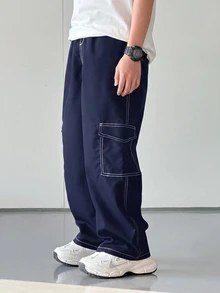 SHEIN Little Byeori 1件装青少年男童休闲运动学院风文艺复古直筒裤，带工作口袋和撞色线条装饰，适合返校、生日派对、晚宴、演出、婚礼、洗礼、开幕式、日常穿着，适合上学、度假、旅行、运动，适合春夏季节。 - 藏蓝色 - 查看 7