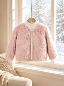 Elladie kids Girls Winter Fluffy Faux Fur Coat, Soft Plush Open Front Jacket With Long Pile Texture, Casual Warm Outerwear For Young Girls - Pink - View 4