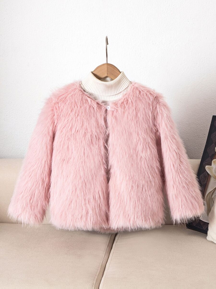 Elladie kids Girls Winter Fluffy Faux Fur Coat, Soft Plush Open Front Jacket With Long Pile Texture, Casual Warm Outerwear For Young Girls - Pink - View 1