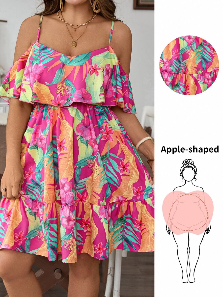 SHEIN VCAY Plus Size Pastel Pink Print Spaghetti Strap Dress Beach Vacation Carribean Summer Tropical