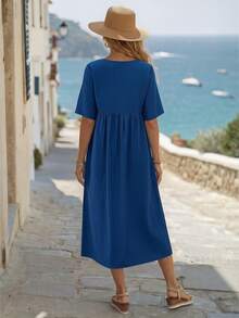 SHEIN LUNE Women's Solid Color Round Neck Short Sleeve Pleated Long Dress,Vacation Outfits Women Vacation Navy Blue Summer Casual - Blue - View 3