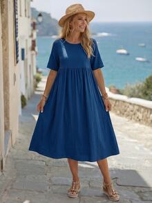 SHEIN LUNE Women's Solid Color Round Neck Short Sleeve Pleated Long Dress,Vacation Outfits Women Vacation Navy Blue Summer Casual - Blue - View 4