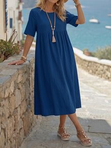 SHEIN LUNE Women's Solid Color Round Neck Short Sleeve Pleated Long Dress,Vacation Outfits Women Vacation Navy Blue Summer Casual - Blue - View 5
