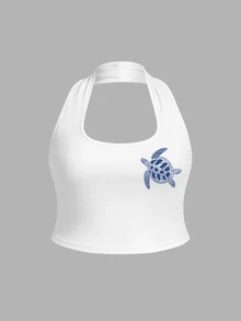 Veykashi Plus Size Women White Tight Cropped Halter Neck Tank Top, Suitable For Summer - White - View 2