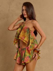 SHEIN BAE Golden Yellow Paisley Print Spaghetti Strap Backless Crop Top And Low Waist Ruffle Hem Skirt Set,2 Pieces Summer Boho Elegant Beach Holiday Outfit - Multicolor - View 10