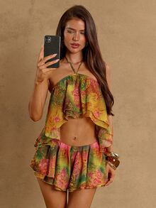 SHEIN BAE Golden Yellow Paisley Print Spaghetti Strap Backless Crop Top And Low Waist Ruffle Hem Skirt Set,2 Pieces Summer Boho Elegant Beach Holiday Outfit - Multicolor - View 6