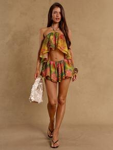 SHEIN BAE Golden Yellow Paisley Print Spaghetti Strap Backless Crop Top And Low Waist Ruffle Hem Skirt Set,2 Pieces Summer Boho Elegant Beach Holiday Outfit - Multicolor - View 8