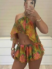 SHEIN BAE Golden Yellow Paisley Print Spaghetti Strap Backless Crop Top And Low Waist Ruffle Hem Skirt Set,2 Pieces Summer Boho Elegant Beach Holiday Outfit - Multicolor - View 1