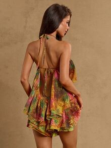 SHEIN BAE Golden Yellow Paisley Print Spaghetti Strap Backless Crop Top And Low Waist Ruffle Hem Skirt Set,2 Pieces Summer Boho Elegant Beach Holiday Outfit - Multicolor - View 9