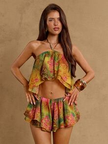 SHEIN BAE Golden Yellow Paisley Print Spaghetti Strap Backless Crop Top And Low Waist Ruffle Hem Skirt Set,2 Pieces Summer Boho Elegant Beach Holiday Outfit - Multicolor - View 4