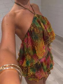SHEIN BAE Golden Yellow Paisley Print Spaghetti Strap Backless Crop Top And Low Waist Ruffle Hem Skirt Set,2 Pieces Summer Boho Elegant Beach Holiday Outfit - Multicolor - View 2
