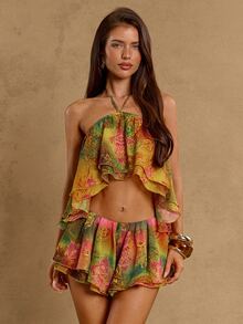 SHEIN BAE Golden Yellow Paisley Print Spaghetti Strap Backless Crop Top And Low Waist Ruffle Hem Skirt Set,2 Pieces Summer Boho Elegant Beach Holiday Outfit - Multicolor - View 3