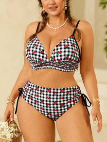 Swim Mod Plus Size Women's Swimwear, Sweet & Cute Beach Holiday Random Red Cherry Print Tie-Front Ruffle 2-Piece Set - Multicolor - View 4
