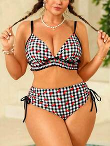 Swim Mod Plus Size Women's Swimwear, Sweet & Cute Beach Holiday Random Red Cherry Print Tie-Front Ruffle 2-Piece Set - Multicolor - View 1
