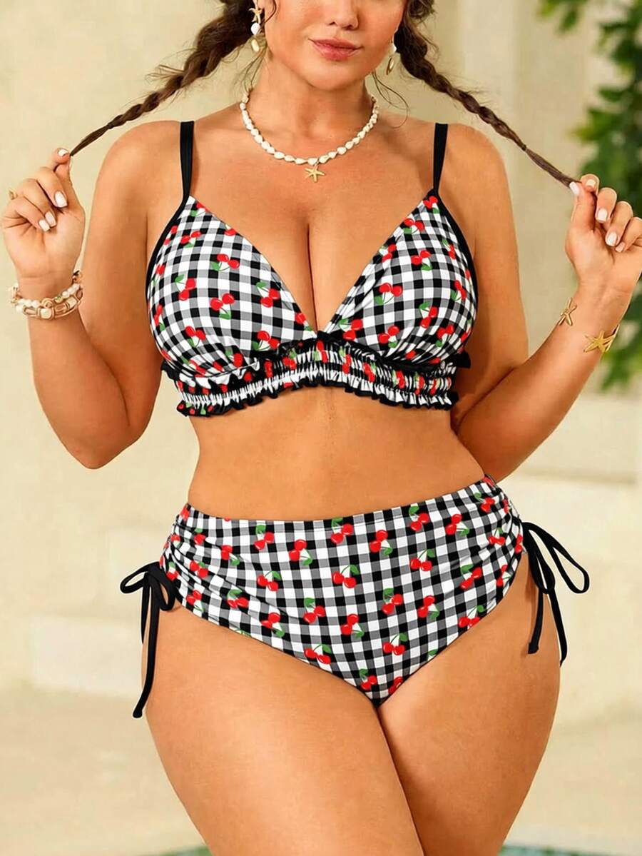 Swim Mod Plus Size Women's Swimwear, Sweet & Cute Beach Holiday Random Red Cherry Print Tie-Front Ruffle 2-Piece Set - Multicolor - View 1